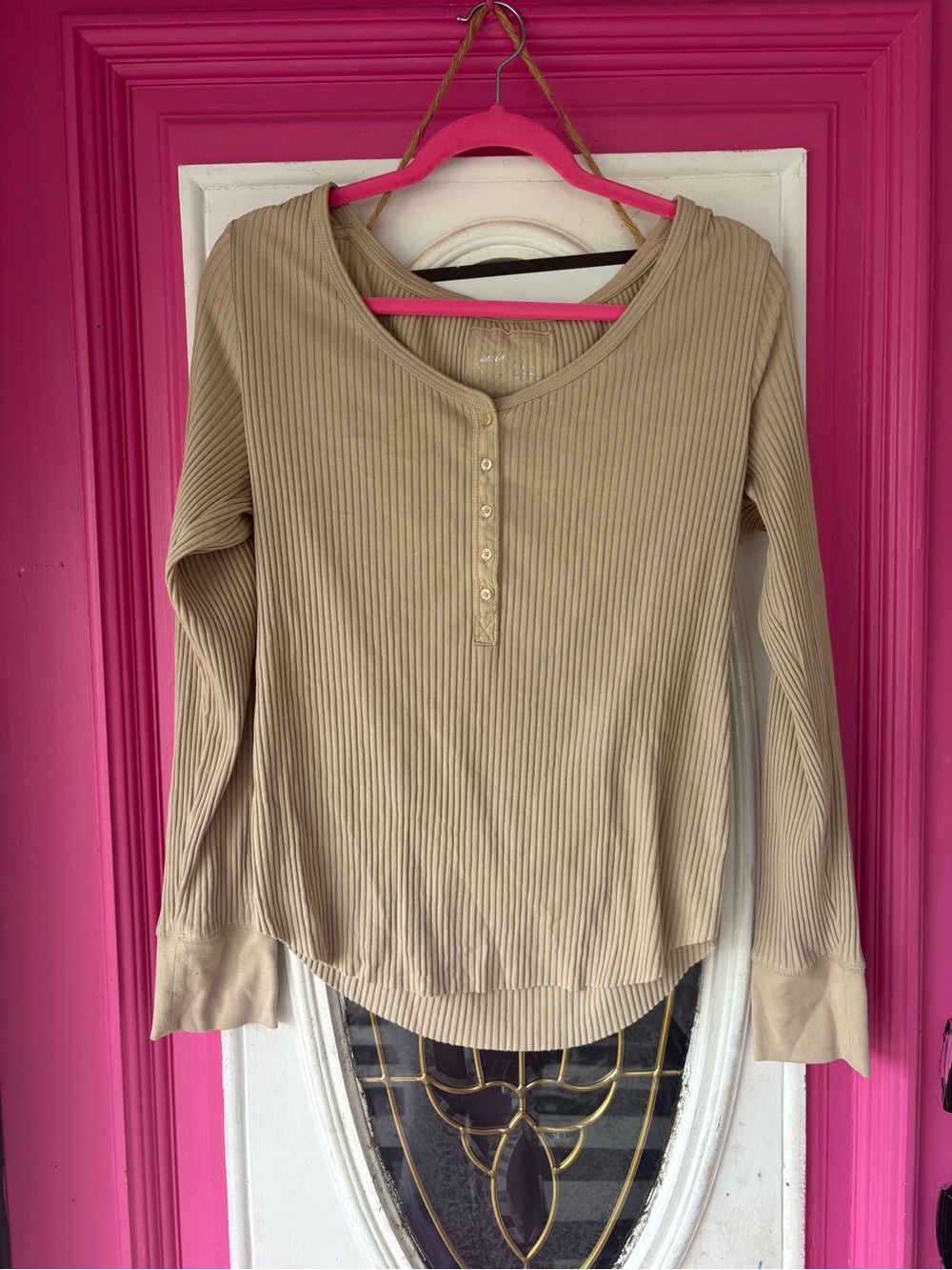 aerie Ribbed Long-Sleeve Henley Top in Taupe